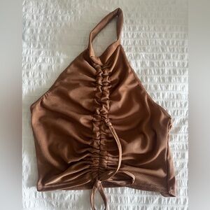 Prettylittlething ruched tie halter neck crop top
